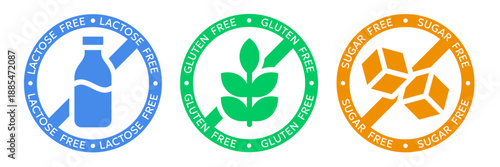 Vector illustration of gluten, lactose, sugar free labels related to allergy and intolerance symbols, healthy and organic nutrition, food product packaging