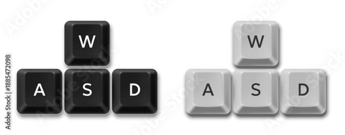 Vector black and white WASD computer keyboard buttons. Realistic keys combination for video gaming and cybersport