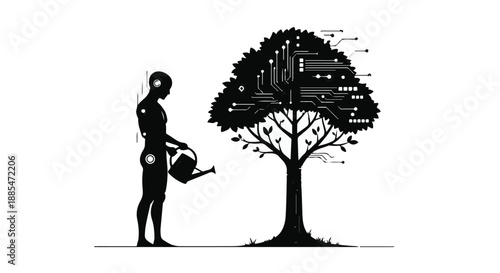 Silhouette of person watering tree, nurturing growth, eco friendly, sustainability concept, environmental conservation, black and white illustration