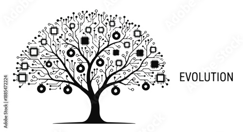 Evolution concept with tree and icons, symbolizing growth and innovation in business and technology