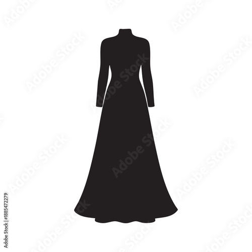 Long evening dress silhouette icon for fashion beauty design element black elegant gown isolated on white background female apparel for formal event wedding party or prom clothing vector illustration