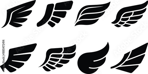 Collection of black silhouette wing icons on white background