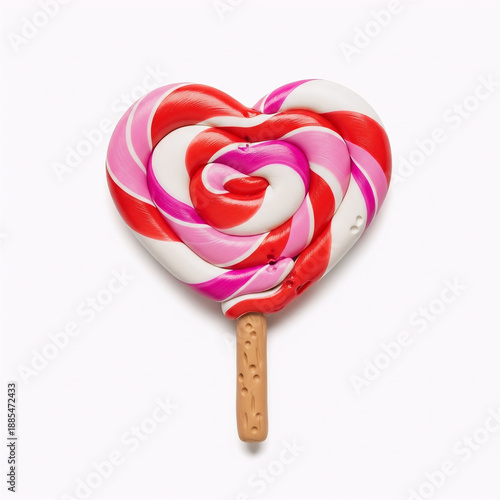 A vibrant heart-shaped lollipop with red, pink, and white swirls on a wooden stick, isolated on a clean white background.