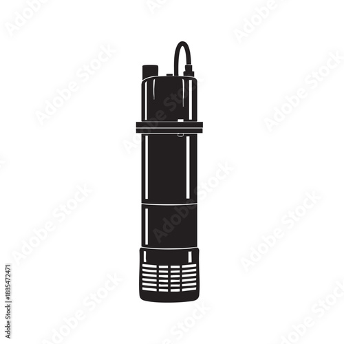 Submersible water pump black silhouette isolated on white background representing industrial equipment for drainage irrigation deep well pumping systems and construction fluid management solutions