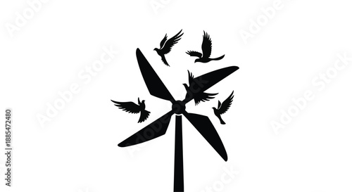 Simple black silhouette wind turbine with flying birds around blades on white background for renewable energy concept