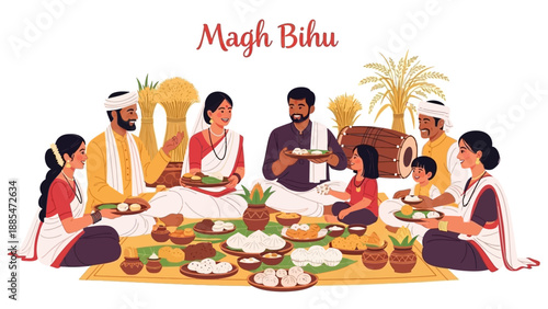 Illustration of a traditional Assamese family celebrating Magh Bihu with a harvest feast and cultural foods on a mat in a joyful atmosphere.