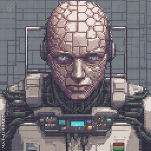 A pixel art image of a humanoid figure with a metallic helmet, wires, and a glowing blue eye.