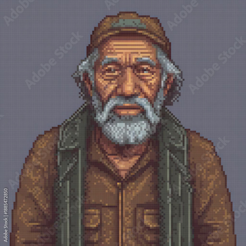 An old man with a hat and a long brown scarf stands against a gray background. He has a beard and a mustache, and his eyes are deep-set.