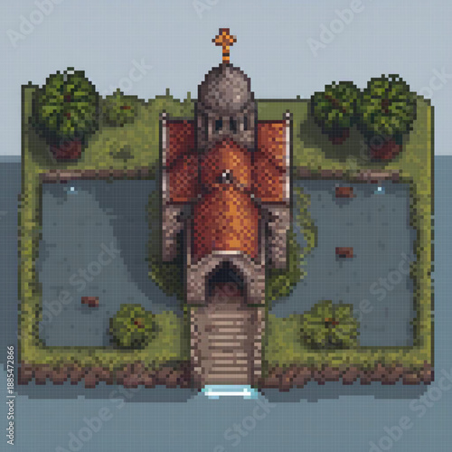 A pixel art image depicts a serene scene with a church, a river, and trees.