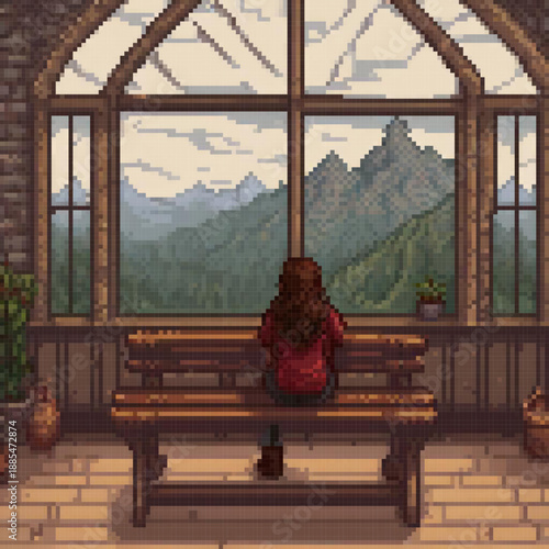 A woman sits on a wooden bench, overlooking a mountain range, with a potted plant nearby. The scene is in pixel art style.