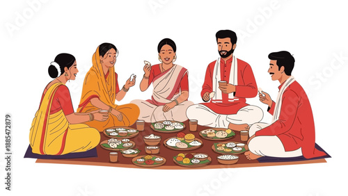 Illustration of a traditional Assamese family celebrating Magh Bihu with a festive harvest feast on the floor.