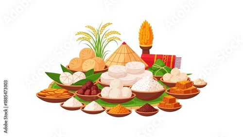 Illustration of a traditional Magh Bihu Feast spread with various Assamese harvest dishes and cultural elements on a white background.