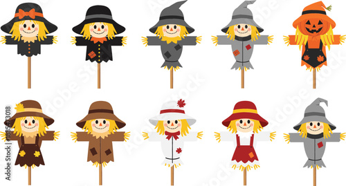 Set of cute autumn scarecrow characters with pumpkin heads and straw hats for fall harvest festival decorations and seasonal Halloween vector designs.