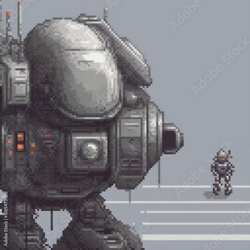 A humanoid figure stands next to a large metallic structure, possibly a robot, with a pixel art style.