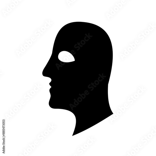 Silhouette of masked head in profile against a plain white background