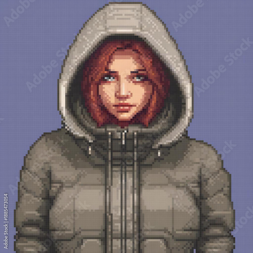 A pixel art image of a woman in a grey hooded jacket, with a blue sky background and a unique feature of her eyes.