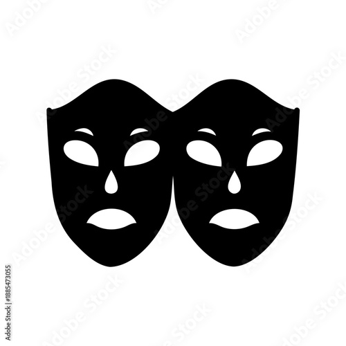 Sorrowful theatrical masks depicting the tragedy genre in symbolic black design