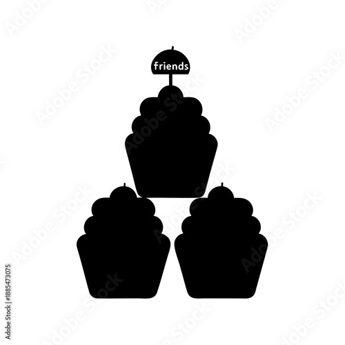 Three black cupcakes stacked with a 'friends' cake topper silhouette graphic