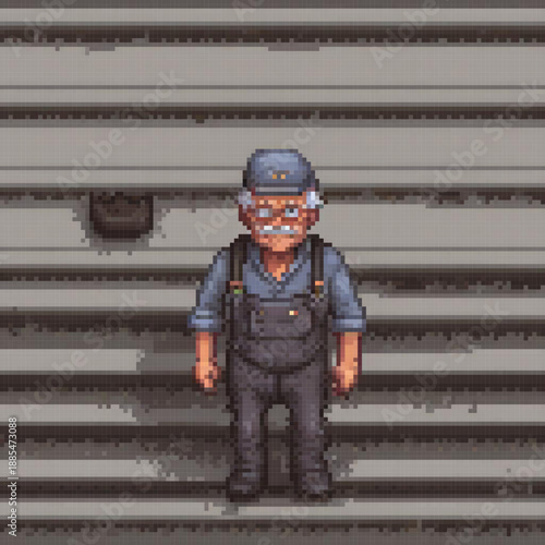 An elderly man in a blue overalls stands on a staircase, with a hat and a tool belt. The background features a grey wall with stairs.