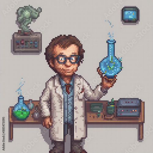 A pixel art image depicts a scientist in a lab, holding a glass beaker with a glowing liquid. The lab is filled with various scientific equipment, including a large machine and a potted plant.