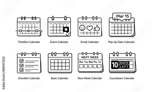 Collection of eight different calendar icons for planning and scheduling purposes