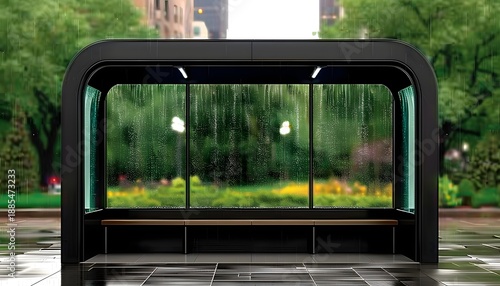 Modern Bus Stop Shelter in Rainy City Park at Night
