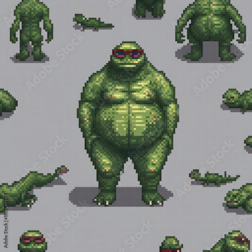 A pixel art image showcases a variety of green creatures, with one standing out due to its large size and sunglasses.