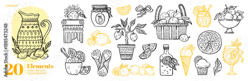 Lemons, limoncello and cocktail. Sicily ad Amalfi doodle Italian sketch. Mediterranean outline vintage summer illustration with fruit vase, tree, lemon, limoncello hand drawn icons. Yellow sun pattern