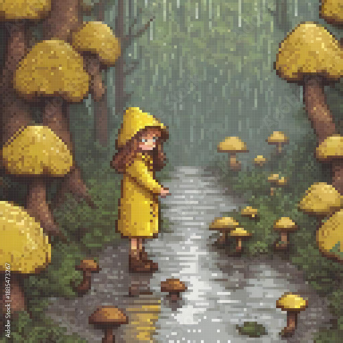 A pixel art depicts a girl in a yellow raincoat standing next to a stream of water, surrounded by various mushrooms.