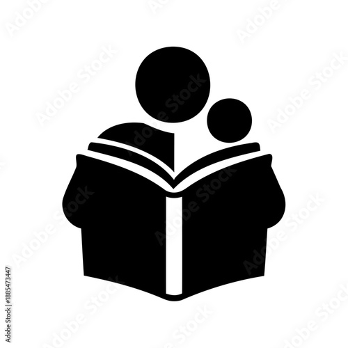 Simple black and white illustration of person reading book to child