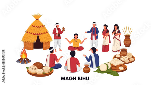 Illustration of people celebrating Magh Bihu with traditional Assamese harvest culture elements, including a conical hut, food, and pottery, in a vibrant and festive atmosphere.