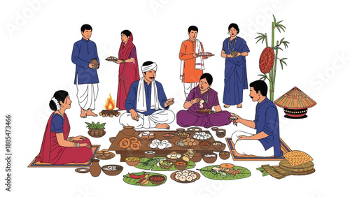 Illustration of a Magh Bihu Feast with Assamese people celebrating harvest culture in a traditional setting with family and food.
