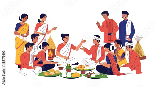 Illustration of people celebrating Magh Bihu Feast with traditional Assamese harvest culture food and family in a joyful atmosphere.