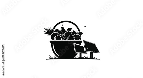 Eco friendly sustainable living concept with solar panel and plant basket in black and white illustration for environmental conservation and renewable energy