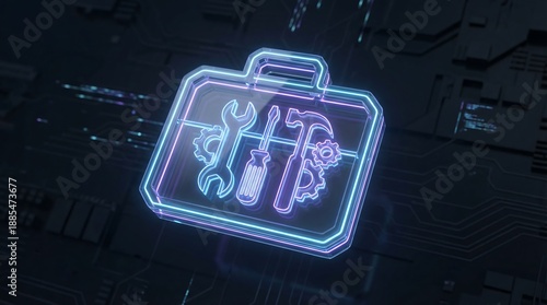 Glowing neon toolbox with tools on a circuit board background blue purple