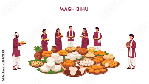 Illustration of people celebrating Magh Bihu with traditional Assamese harvest food and cultural attire on a white background.