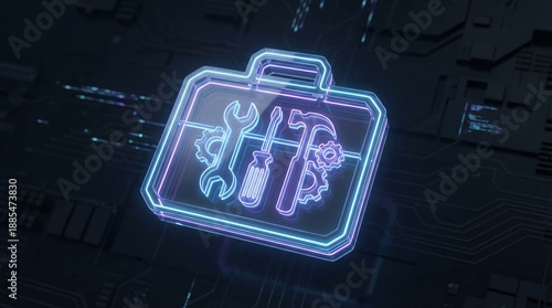 Neon toolbox icon with tools on a circuit board background technology tech