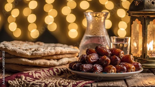 A Ramadan food table setup with dates, flatbread, and a pitcher of water on a wooden table with a lantern, breaking the fast in a warmly lit atmosphere.