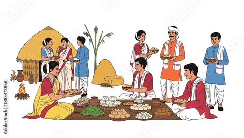 Illustration of people celebrating Magh Bihu Feast with traditional Assamese harvest culture food and family in a rural setting.