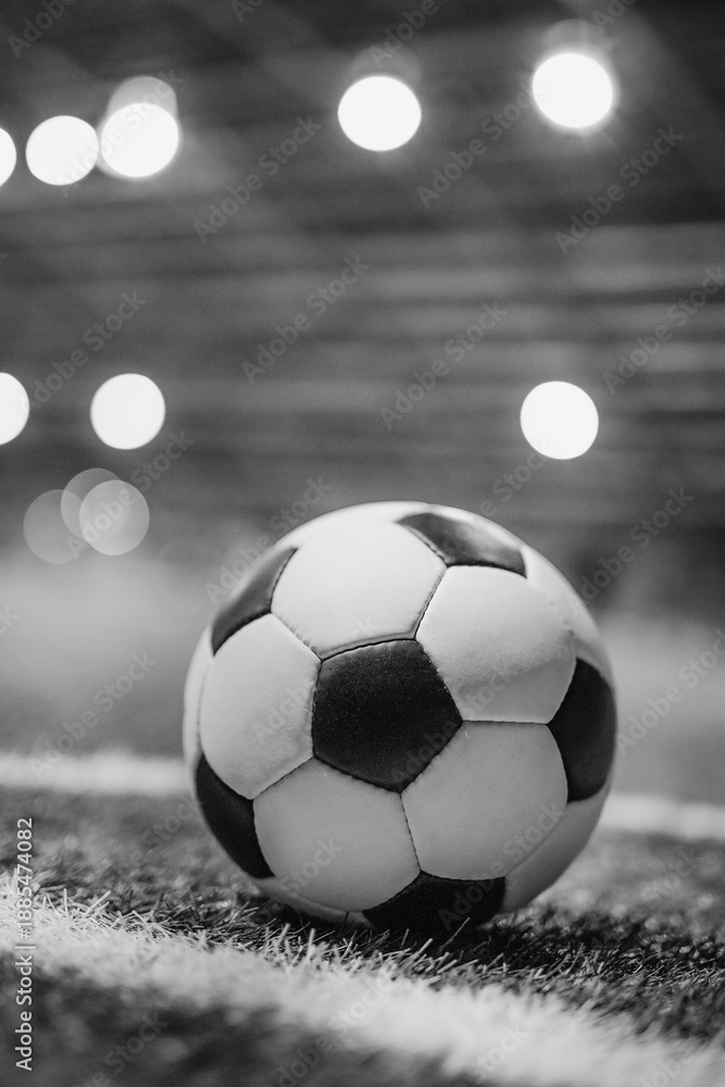 Fototapeta premium A close-up of a classic black and white soccer ball on the grass under the stadium floodlights