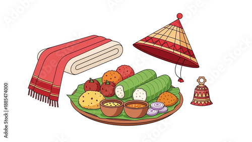 Illustration of a traditional Magh Bihu Feast Assamese harvest celebration with a plate of food, a conical hat, and a red shawl on a white background.