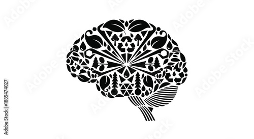 Intricate black and white brain illustration with floral pattern on white background, creative concept for mental health, wellness, and neuroscience