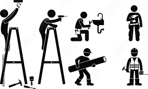 Construction workers performing various tasks