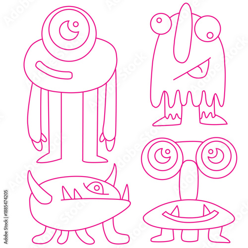 Hand drawn cute pink monster doodles set, whimsical alien characters line art
