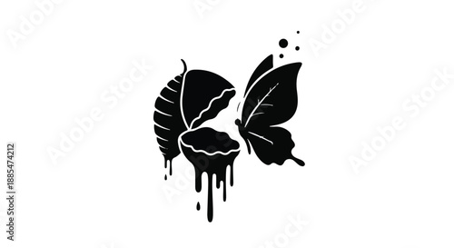 Black butterfly and leaf graffiti stencil art with paint drip effect on white background, urban street art style