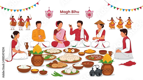 Illustration of people celebrating Magh Bihu with traditional Assamese harvest feast and cultural foods on a white background