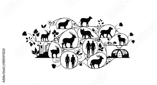 Black silhouette illustration of people hiking with goats and camping in nature outdoors adventure travel concept