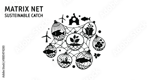 Sustainable fishing net illustration with eco friendly icons and symbols for environmental conservation and green technology concept
