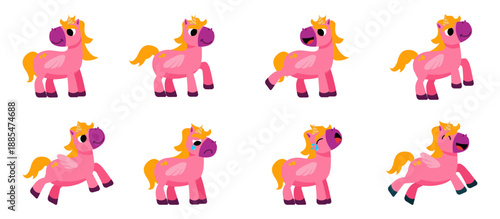 Cute Pink Unicorn Character Set with Star and Doodle Lines Vector
