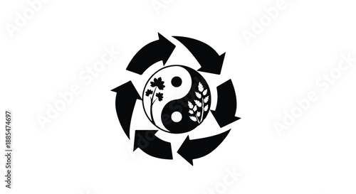 Yin yang symbol with recycling arrows eco friendly sustainable concept black and white